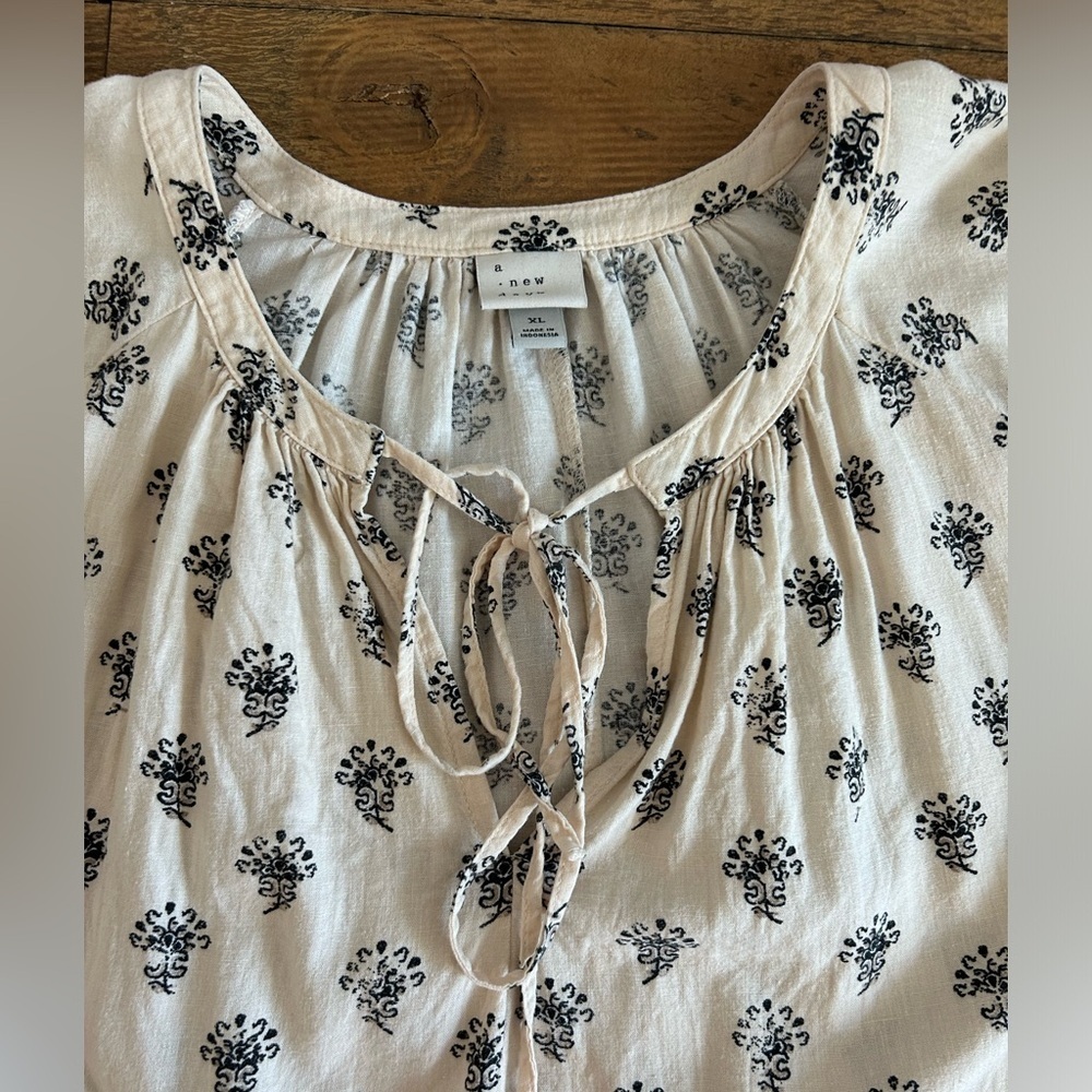 A NEW DAY Tie neck Linen blouse cream and black Bohemian Femenine Western - Picture 9 of 16